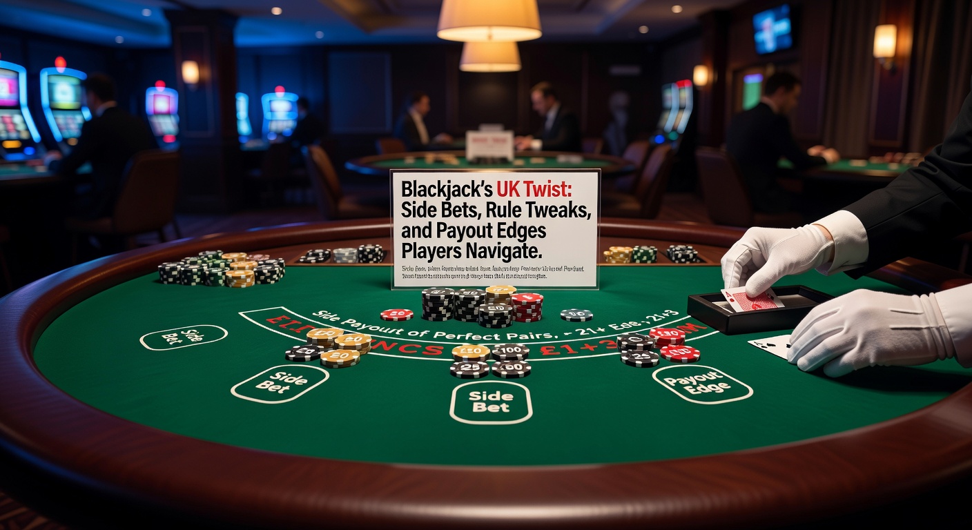 Vibrant UK casino blackjack table featuring side bet options and rule displays, drawing in focused players
