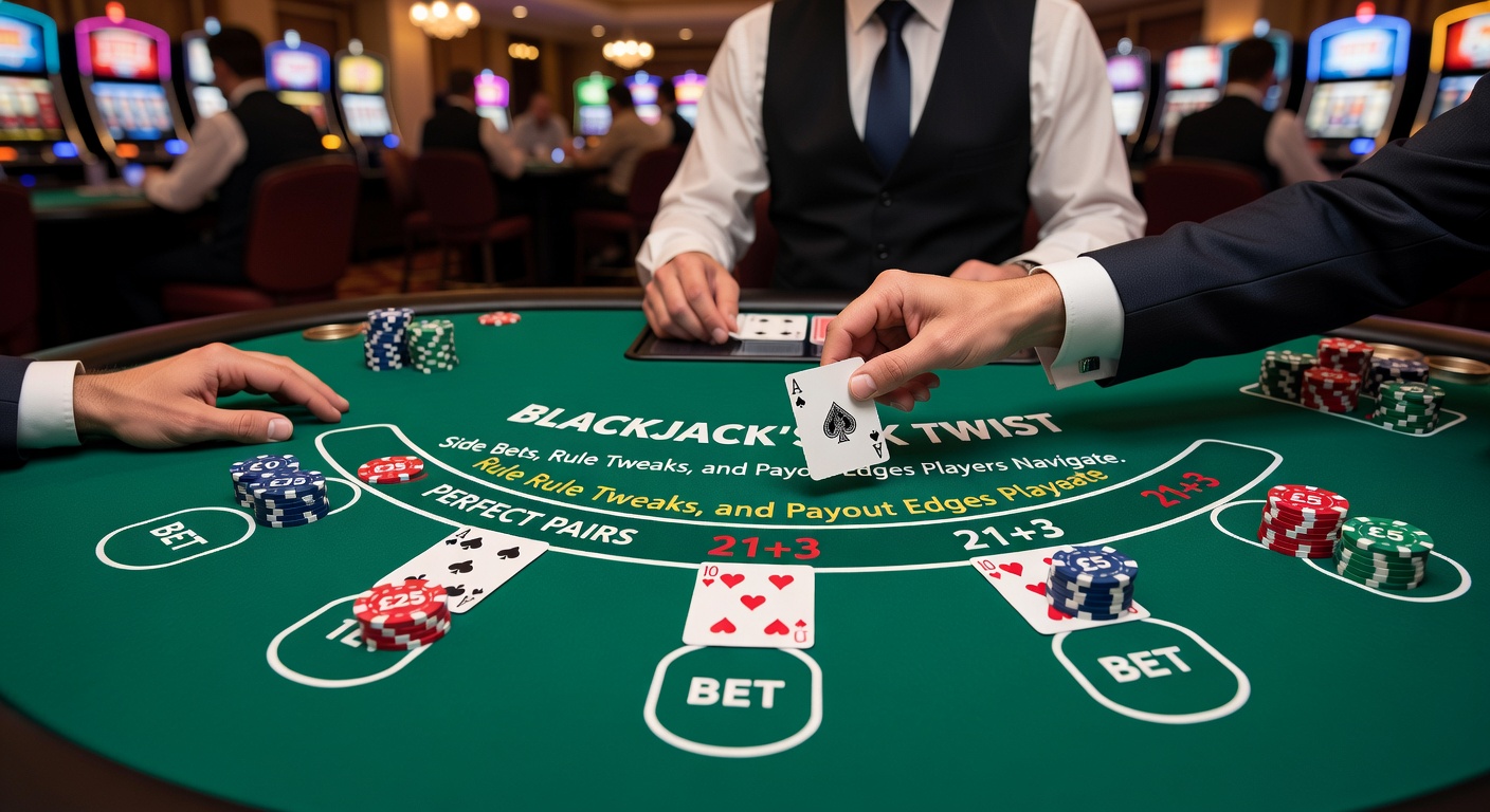 Close-up of a player's hand placing chips on a Perfect Pairs side bet beside a dealt blackjack hand on a green-felt UK table