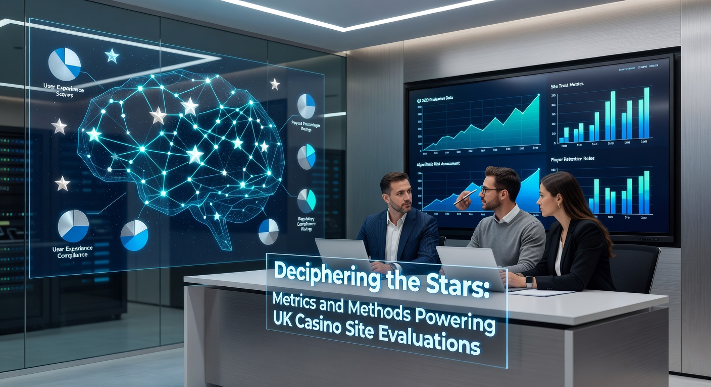 Infographic displaying star ratings, charts, and evaluation metrics for online casino sites, highlighting key factors like security locks, game icons, and payout graphs