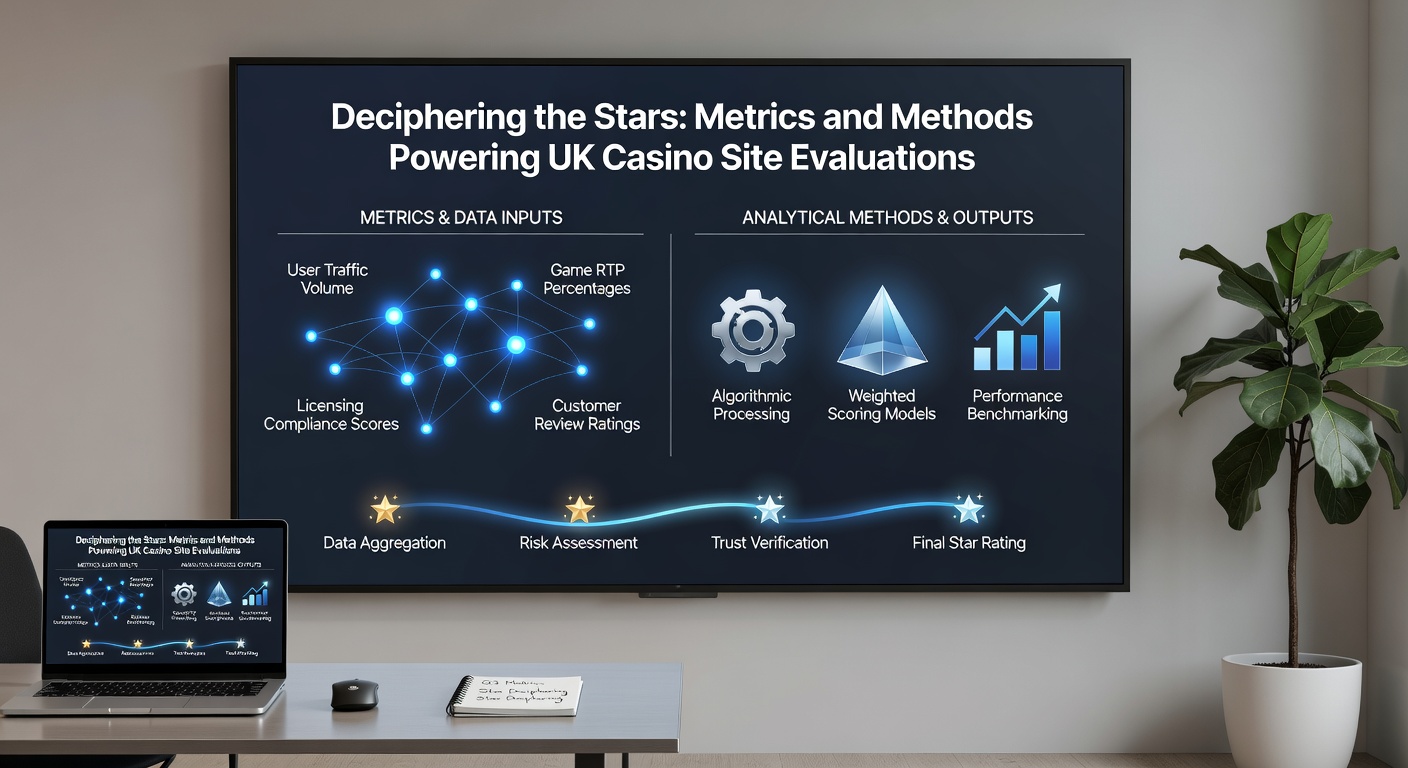 Close-up of a laptop screen showing casino evaluation dashboard with metrics bars for RTP, bonuses, security, and user reviews, surrounded by star icons and data visualizations