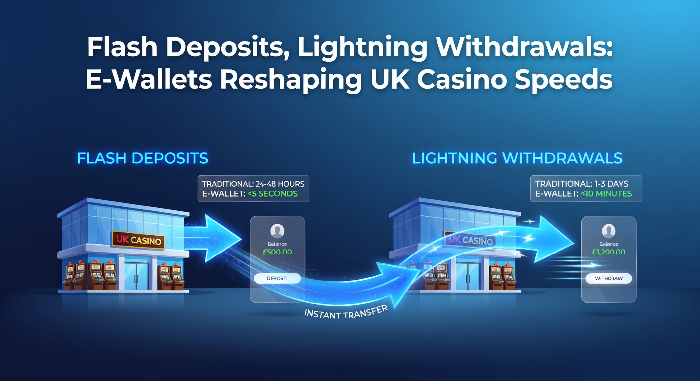 Comparison chart showing e-wallet transaction times next to bank transfers and cards in a vibrant casino-themed infographic