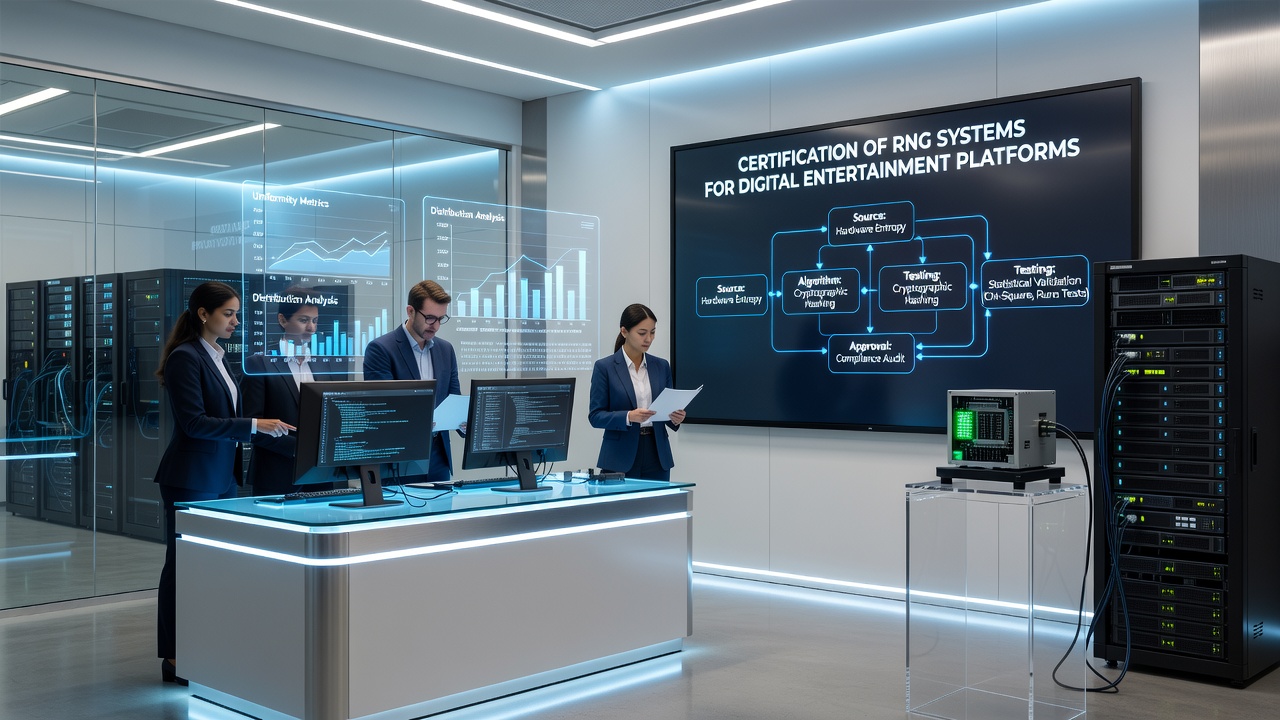 Technicians conducting entropy source analysis and statistical sampling on digital gaming hardware