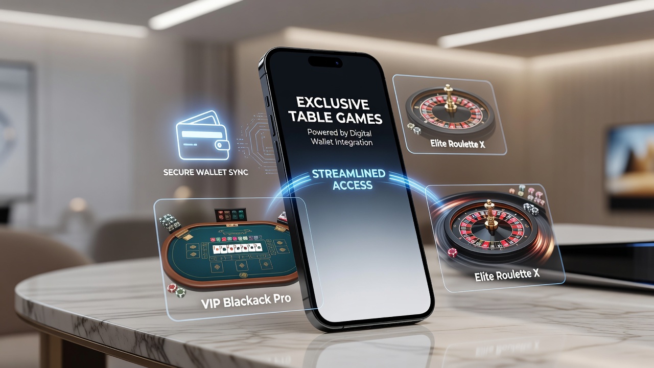 Mobile screen displaying digital wallet integration with exclusive blackjack and roulette variants