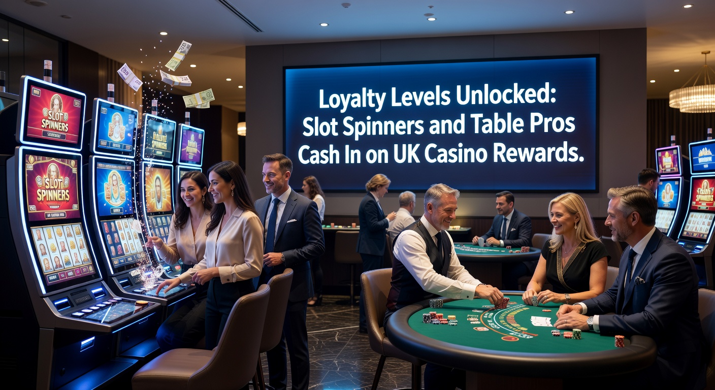 Colorful illustration of a casino loyalty ladder with slot machines, card tables, and glowing reward tiers leading to VIP perks