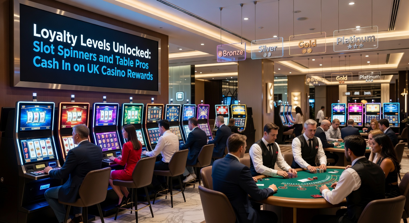Dynamic image of UK casino players celebrating loyalty tier upgrades amid slots reels and poker chips