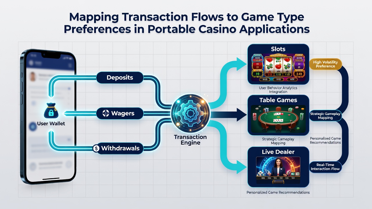 Analytics dashboard showing transaction flow diagrams mapped to various mobile casino game categories