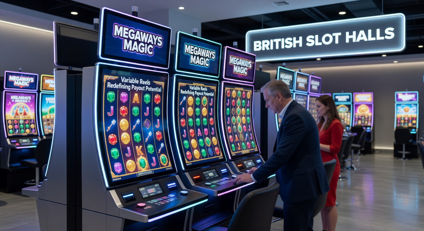 Vibrant Megaways slot machine display showing cascading reels and exploding symbols in a bustling British arcade setting