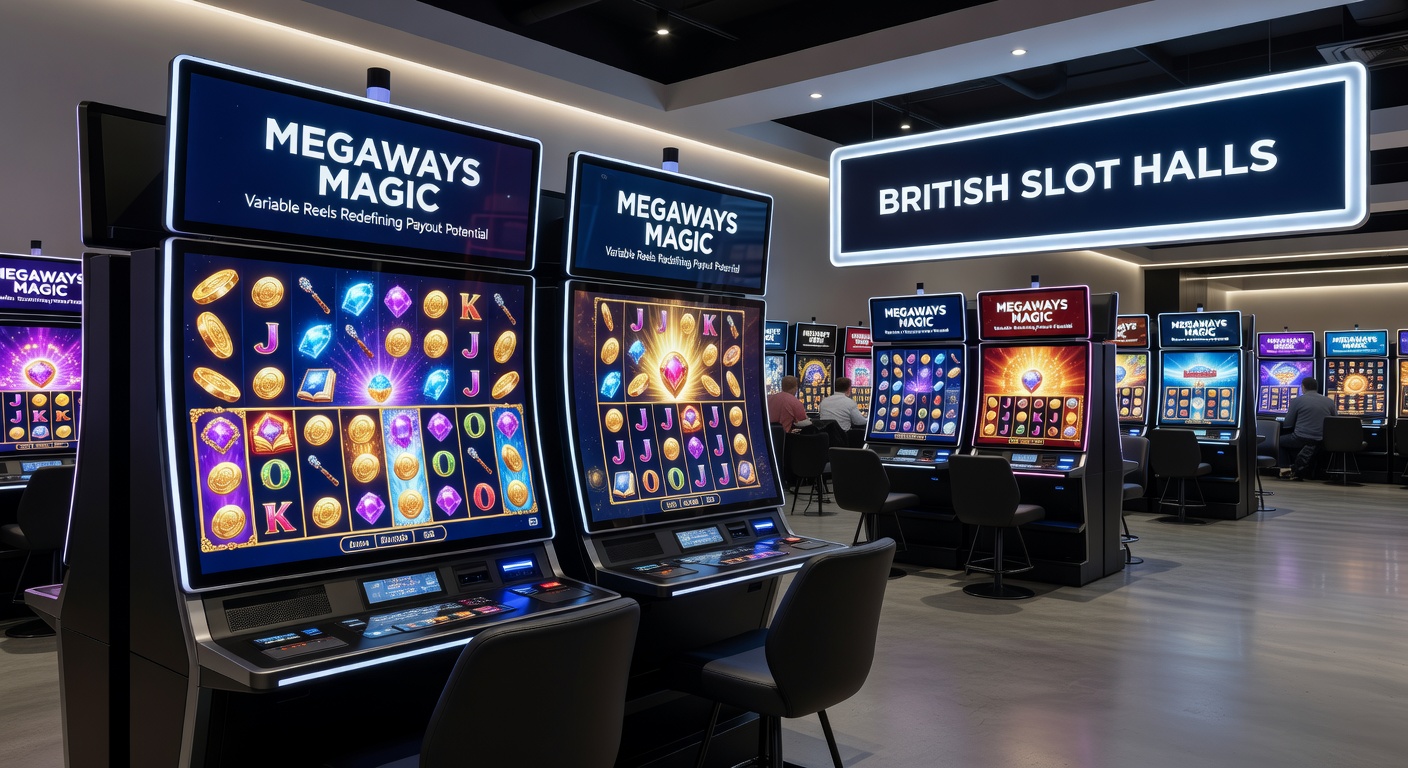 Close-up of a Megaways slot payout screen flashing massive win multipliers and cascading gold symbols amid cheering arcade players
