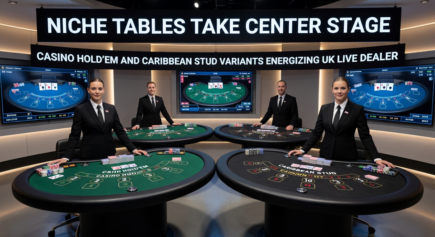 Close-up of Caribbean Stud Poker live dealer revealing cards and interacting with UK players via chat in an immersive online session