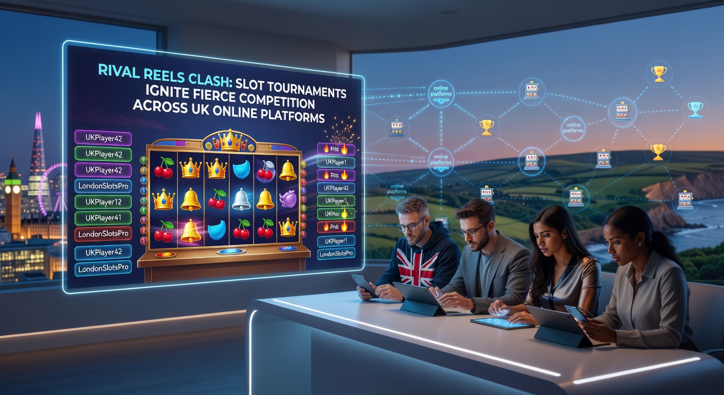 Close-up of a UK player's mobile screen during a heated slot tournament, with spinning reels, rising score counter, and rival leaderboards in the background