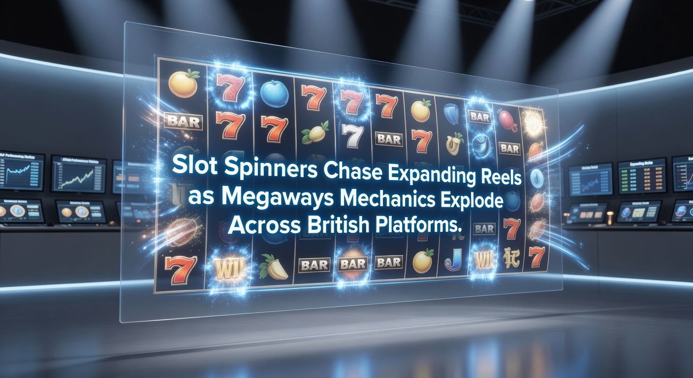 Close-up of a Megaways slot screen mid-spin, reels expanding with glowing symbols and cascading wins lighting up paylines