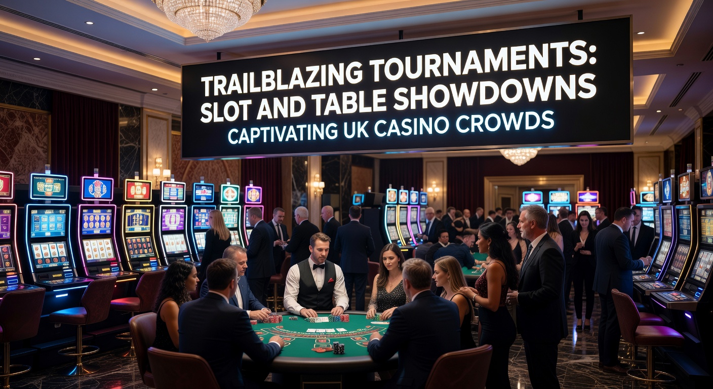 Vibrant casino floor buzzing with slot tournament players cheering at glowing machines under colorful lights