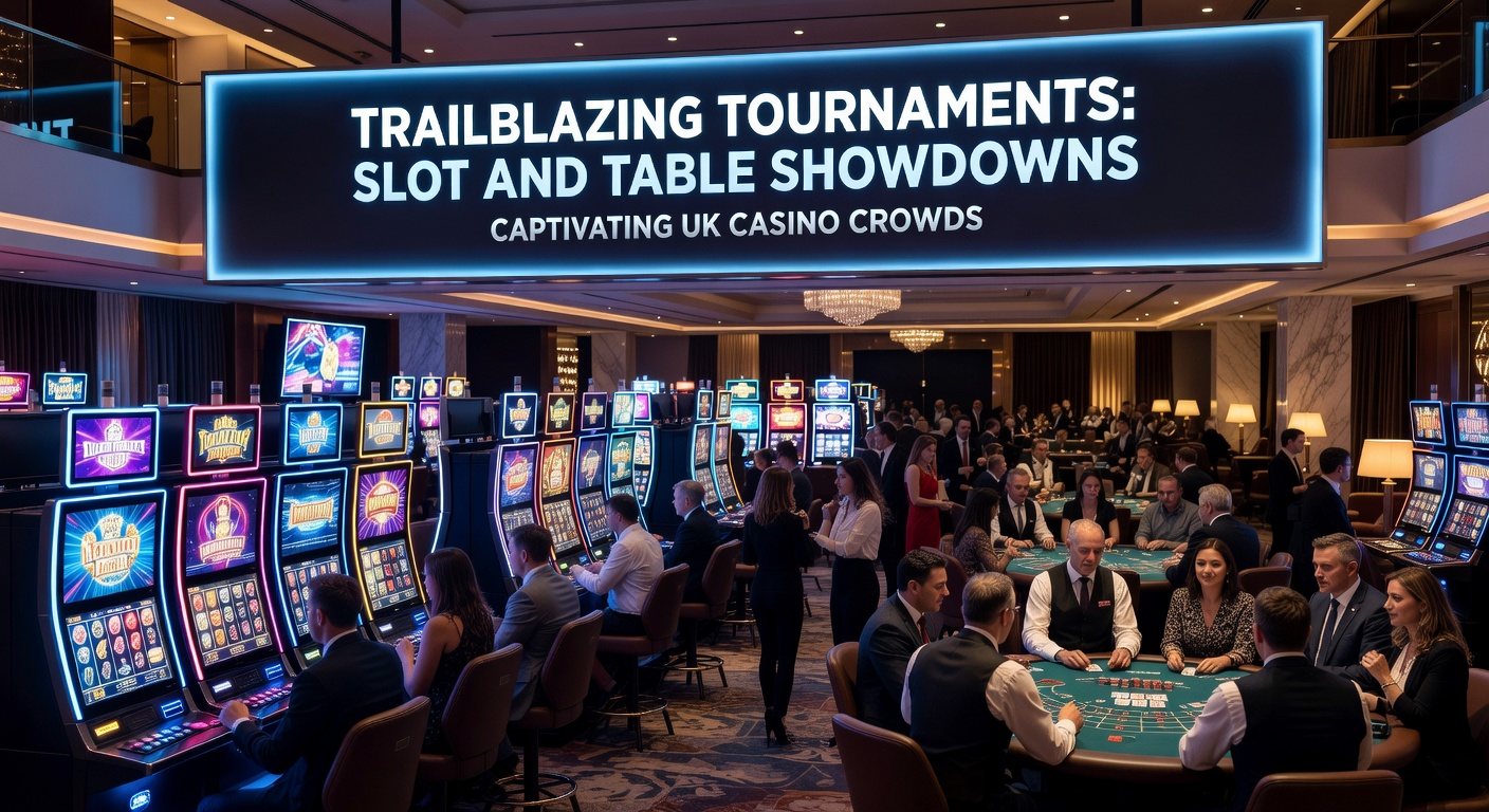 Intense table game tournament with players huddled over blackjack hands, chips stacked high, and a leaderboard glowing in the background